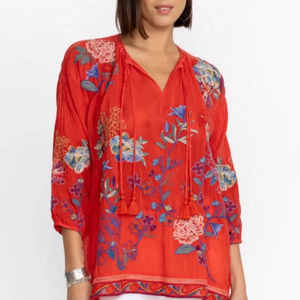Johnny Was Zadonia Melissa Red Floral Embroidered  Top size S